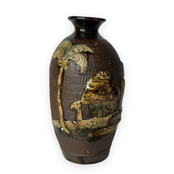 Asian Japanese Ceramic Art Pottery Vase Hut House Tree Decoration Brown Tan Pair - Picture 10 of 11